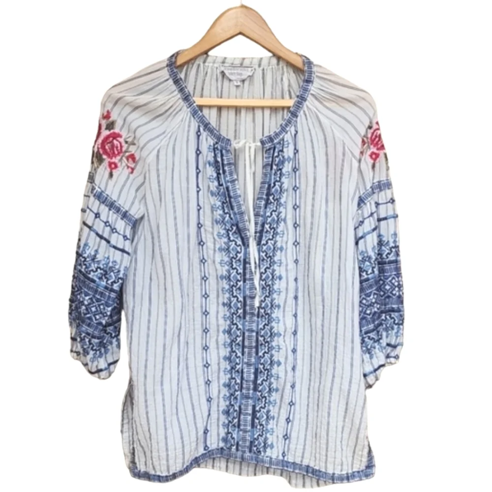 JOHNNY WAS WORKSHOP Shea Peasant Blouse S Santori Stripes Anthropologie Boho - Picture 11 of 16